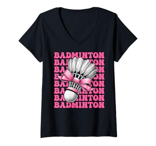 Damen Coquette Bow Badmintonspieler Federball Mädchen Mama Rosa T-Shirt mit V-Ausschnitt Damen Coquette Bow Badmintonspieler Federball Mädchen Mama Rosa T-Shirt mit V-Ausschnitt von Womens Pink Coquette Bow Badminton Player Gifts