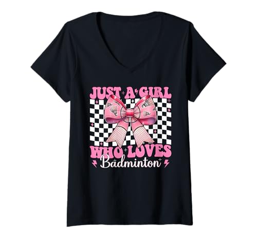 Damen Just A Girl Who Loves Badminton Mom Muttertag Kokette Schleife T-Shirt mit V-Ausschnitt Damen Just A Girl Who Loves Badminton Mom Muttertag Kokette Schleife T-Shirt mit V-Ausschnitt von Womens Pink Coquette Bow Badminton Player Gifts