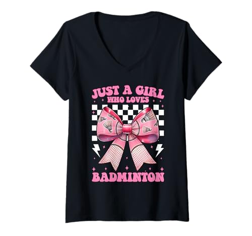 Damen Just A Girl Who Loves Badminton Mom Muttertag Kokette Schleife T-Shirt mit V-Ausschnitt Damen Just A Girl Who Loves Badminton Mom Muttertag Kokette Schleife T-Shirt mit V-Ausschnitt von Womens Pink Coquette Bow Badminton Player Gifts