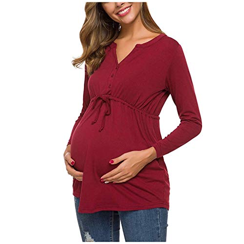Womteam Langarmshirts für Schwangere Damen Stillshirt Umstandsshirt Umstandstop Schwangerschaft Umstandsmode T-Shirt Langarm Pullover(rot,XL) von Womteam