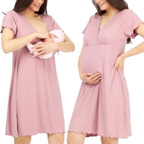 Womum Damen Stillnachthemd, Weichheit und Pflege für Mama, Nachthemd Schwangere, Umstands, Cooles Nachthemd, Ideal für Frühling und Sommer (M, Rosa) von Womum