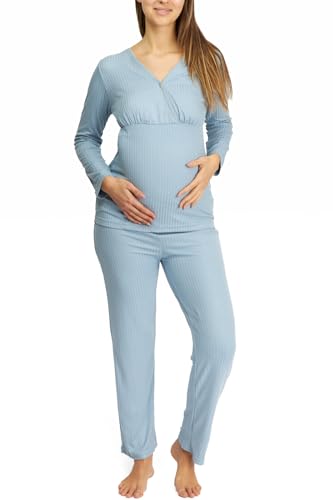 Womum Stillpyjama Damen Lang, Weichheit und Pflege für Mama, Umstandspyjama, Schwangerschaft Pyjama, Leichter und kühler Pyjama, ideal für Frühling und Sommer (L, Blau) von Womum