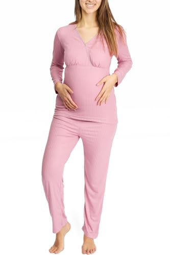 Womum Stillpyjama Damen Lang, Weichheit und Pflege für Mama, Umstandspyjama, Schwangerschaft Pyjama, Leichter und kühler Pyjama, ideal für Frühling und Sommer (L, Rosa) von Womum