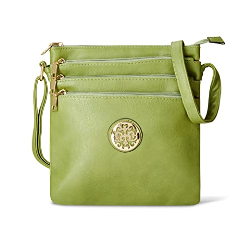 Woodland Leather Crossbody-Taschen für Damen, Multi-Reißverschluss, geräumige Umhängetasche für Damen mit verstellbarem Crossbody-Riemen, grün, H26cmxW23cmxD9cm von Woodland Leathers