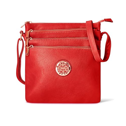 Woodland Leather Crossbody-Taschen für Damen, Multi-Reißverschluss, geräumige Umhängetasche für Damen mit verstellbarem Crossbody-Riemen, rot, H26cmxW23cmxD9cm von Woodland Leathers