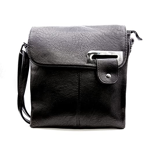 Woodland Leathers Damen Crossbody Schulter Messenger Bag Mehrere Slip und Reißverschluss Taschen Handtasche mit Aufbewahrungstasche, Schwarz , 27x26.5 CM von Woodland Leathers