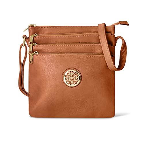 Woodland Leather Crossbody-Taschen für Damen, Multi-Reißverschluss, geräumige Umhängetasche für Damen mit verstellbarem Crossbody-Riemen, braun, H26cmxW23cmxD9cm von Woodland Leathers