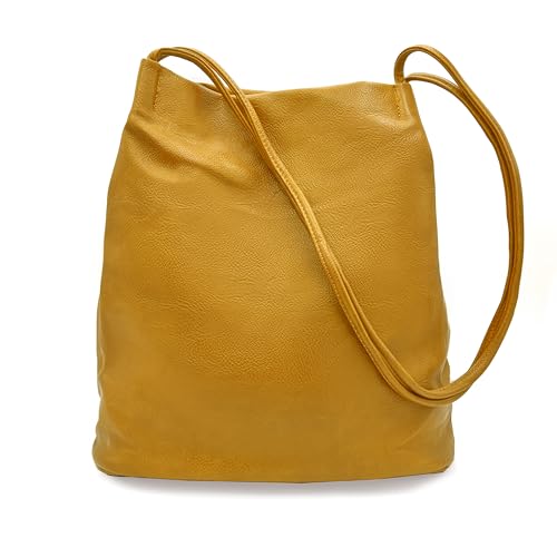 Woodland Leathers Mittelgroße Hobo-Eimer-Handtaschen für Damen aus veganem Leder – elegante schwarze Handtasche mit langen Riemen, stilvoll, geräumige Designer-Elegance-Taschen für Damen (gelb) von Woodland Leathers