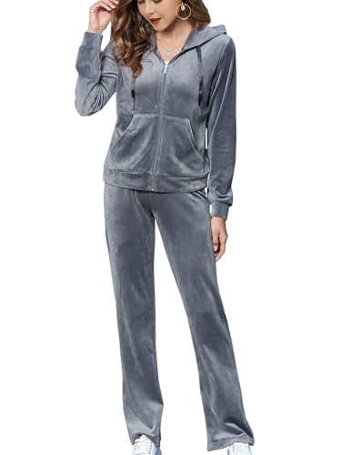 Woolicity Damen Hausanzug Velours Nicki Freizeitanzug Trainingsanzug Set Sportanzug Jogginganzug Schlafanzug mit Reißverschluss Oberteil und Hose Set von Woolicity