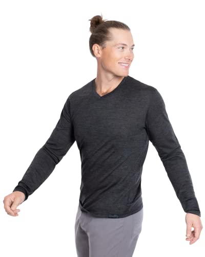 Woolly Clothing Herren Merinowolle Langarm V-Ausschnitt Hemd – Alltagsgewicht – feuchtigkeitsableitend atmungsaktiv Anti-Geruch - Grau - Groß von Woolly Clothing Co