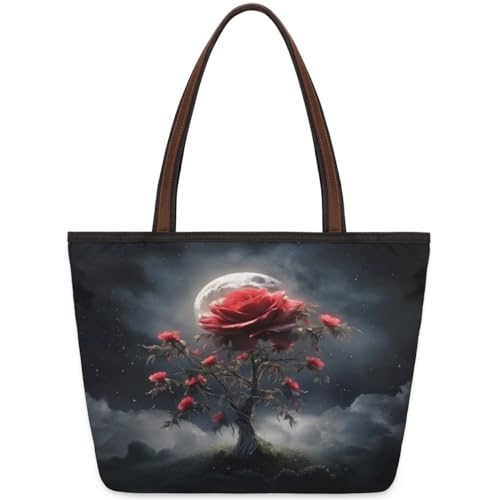 3D Magical Moon Flower Tote Bag for Ladies Women Girls Large Handbag 10.4 L Big Capacity Zipper Shoulder Bag for School Travel Work, farbig, Medium von WowPrint