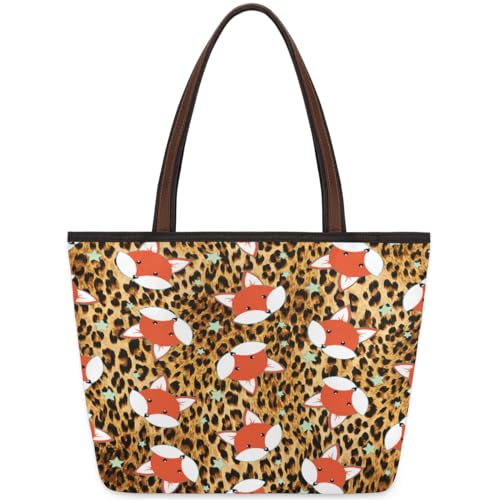 Animal Leopard Fox Tote Bag for Girls Ladies Women, Animal Leopard Fox Large Handbag 10.4L Big Capacity Zipper Shoulder Bag for School Travel Work, farbig, Medium von WowPrint