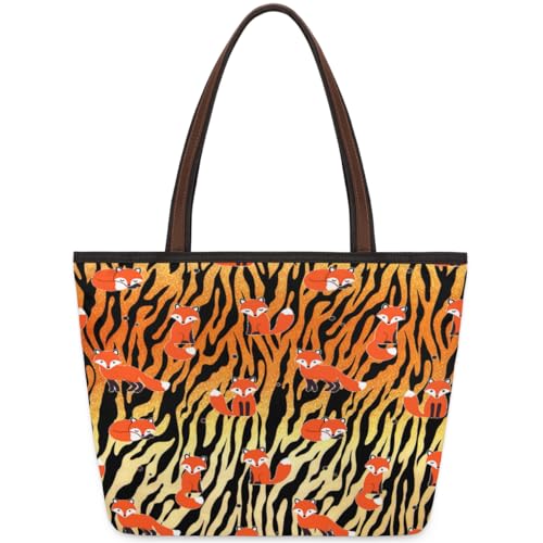 Animal Tiger Fox Tote Bag for Girls Ladies Women, Animal Tiger Fox Large Handbag 10.4L Big Capacity Zipper Shoulder Bag for School Travel Work, farbig, Large von WowPrint