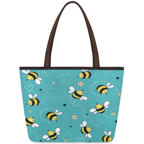 Bee Flower Daisy Tote Bag for Ladies Women Girls Bee Flower Daisy Large Handbag 10.4L Big Capacity Zipper Shoulder Bag for School Travel Work, farbig, Large von WowPrint