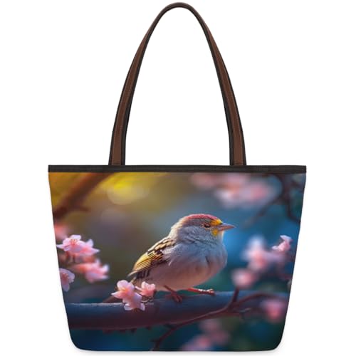 Bird Cherry Blossom Tote Bag for Ladies Women Girls Large Handbag 10.4L Big Capacity Zipper Shoulder Bag for School Travel Work, farbig, Large von WowPrint