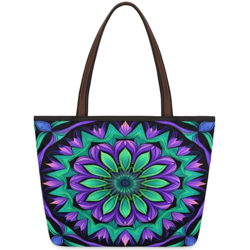 Bunte ethnische Blumen-Mandala-Tragetasche für Damen und Mädchen, große Handtasche, 10,4 l, großes Fassungsvermögen, Reißverschluss, Schultertasche für Schule, Reisen, Arbeit, farbig, Medium von WowPrint