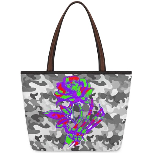 Camo Grey Tote Bag for Girls Ladies Women, Camo Grey Large Handbag 10.4L Big Capacity Zipper Shoulder Bag for School Travel Work, farbig, Large von WowPrint