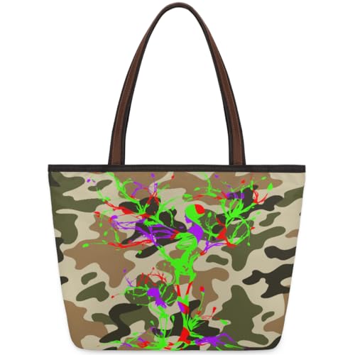 Camouflage Tree Skull Tote Bag for Girls Ladies Women, Camouflage Tree Skull Large Handbag 10.4L Big Capacity Zipper Shoulder Bag for School Travel Work, farbig, Medium von WowPrint