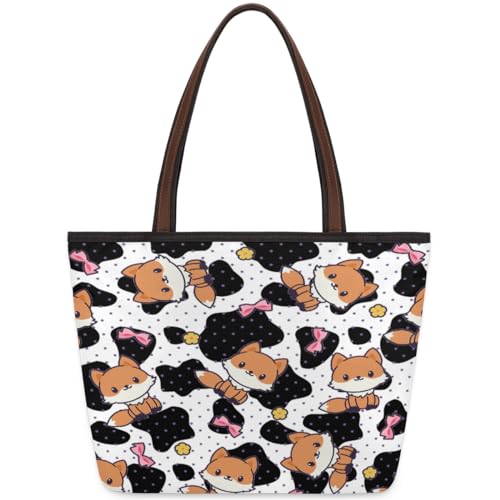 Cartoon Fox Cows Tote Bag for Girls Ladies Women, Cartoon Fox Cows Large Handbag 10.4L Big Capacity Zipper Shoulder Bag for School Travel Work, farbig, Medium von WowPrint