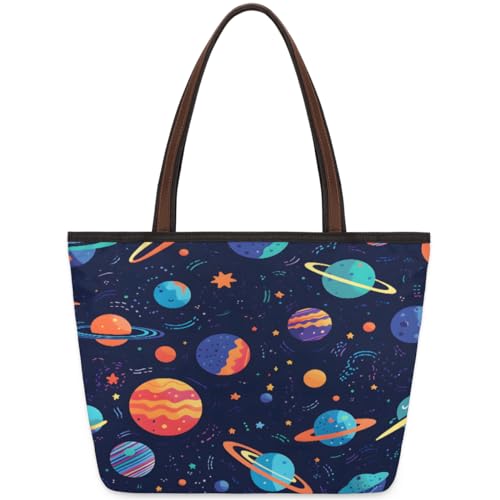 Cartoon Galaxy Planet Tote Bag for Ladies Women Girls Large Handbag 10.4L Big Capacity Zipper Shoulder Bag for School Travel Work, farbig, Medium von WowPrint