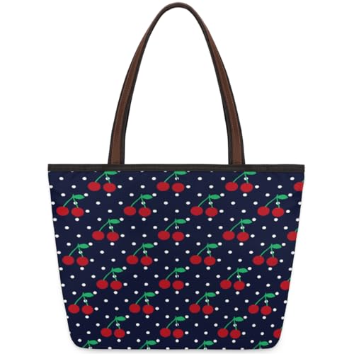 Cherry Print Tote Bag for Ladies Women Girls Cherry Print Large Handbag 10.4L Big Capacity Zipper Shoulder Bag for School Travel Work, farbig, Medium von WowPrint