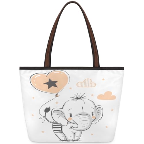 Cloud Heart Star Elephant Tote Bag for Ladies Women Girls Cloud Heart Star Elephant Large Handbag 10.4L Big Capacity Zipper Shoulder Bag for School Travel Work, farbig, Large von WowPrint