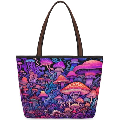 Colorful Art Magic Forest Mushroom Tote Bag for Ladies Women Girls Large Handbag 10.4 L Big Capacity Zipper Shoulder Bag for School Travel Work, farbig, Medium von WowPrint