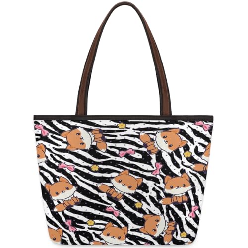 Cute Fox Zebra Tote Bag for Girls Ladies Women, Cute Fox Zebra Large Handbag 10.4L Big Capacity Zipper Shoulder Bag for School Travel Work, farbig, Large von WowPrint