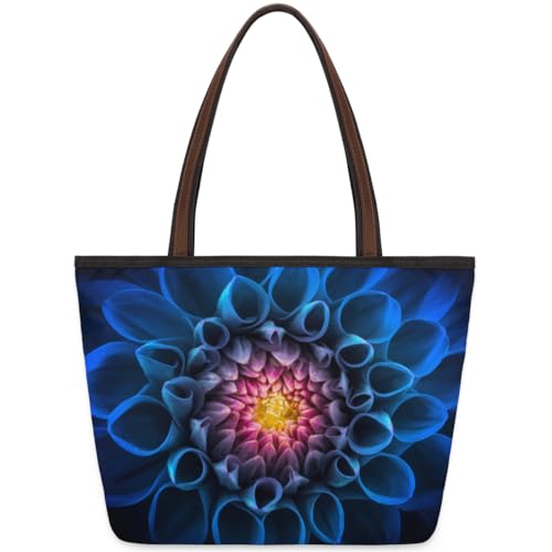 Dahlia Flower Blue Tote Bag for Ladies Women Girls Large Handbag 10.4L Big Capacity Zipper Shoulder Bag for School Travel Work, farbig, Medium von WowPrint