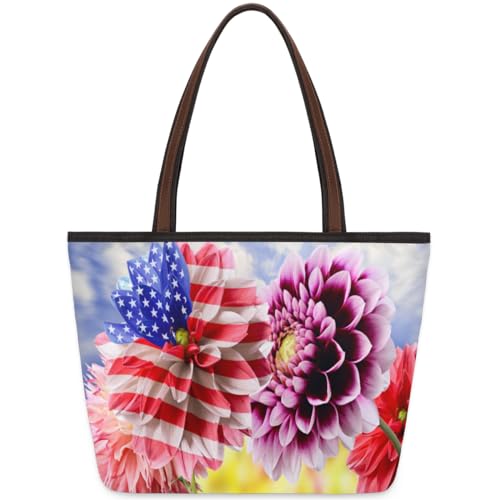 Dahlia Flower Usa Flag Tote Bag for Ladies Women Girls Dahlia Flower USA Flag Large Handbag 10.4L Big Capacity Zipper Shoulder Bag for School Travel Work, farbig, Medium von WowPrint