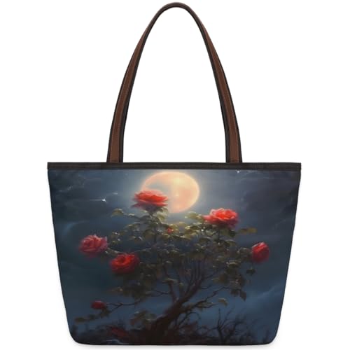 Darkly Magical Moon Flower Tote Bag for Ladies Women Girls Large Handbag 10.4 L Big Capacity Zipper Shoulder Bag for School Travel Work, farbig, Large von WowPrint