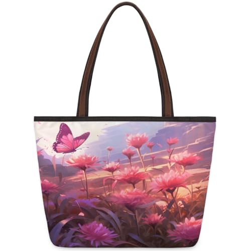 Dreamy Flower Butterfly Tote Bag for Ladies Women Girls Large Handbag 10.4 L Big Capacity Zipper Shoulder Bag for School Travel Work, farbig, Large von WowPrint