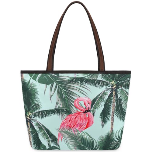 Flamingos Palm Leave Tote Bag for Ladies Women Girls Flamingos Palm Leave Large Handbag 10.4L Big Capacity Zipper Shoulder Bag for School Travel Work, farbig, Large von WowPrint