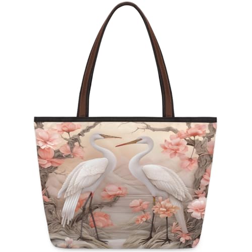 Flower Japan Crane Tote Bag for Ladies Women Girls Large Handbag 10.4L Big Capacity Zipper Shoulder Bag for School Travel Work, farbig, Large von WowPrint