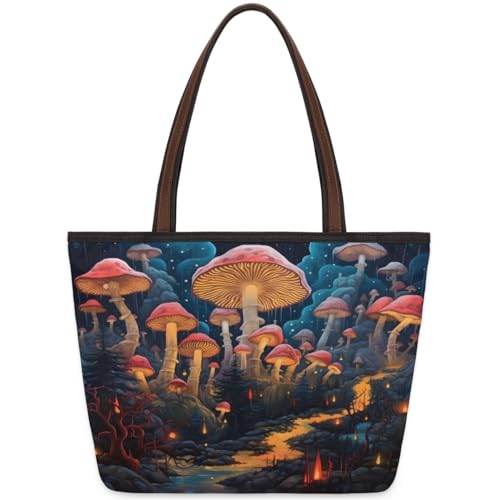 Forest Magic Mushroom Print Tote Bag for Ladies Women Girls Large Handbag 10.4 L Big Capacity Zipper Shoulder Bag for School Travel Work, farbig, Large von WowPrint