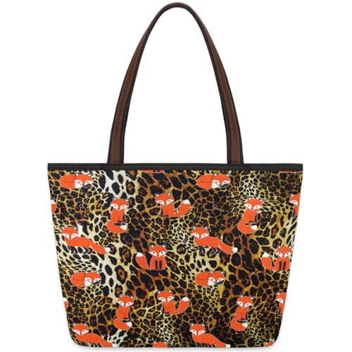 Funny Fox Leopard Tote Bag for Girls Ladies Women, Funny Fox Leopard Large Handbag 10.4L Big Capacity Zipper Shoulder Bag for School Travel Work, farbig, Medium von WowPrint