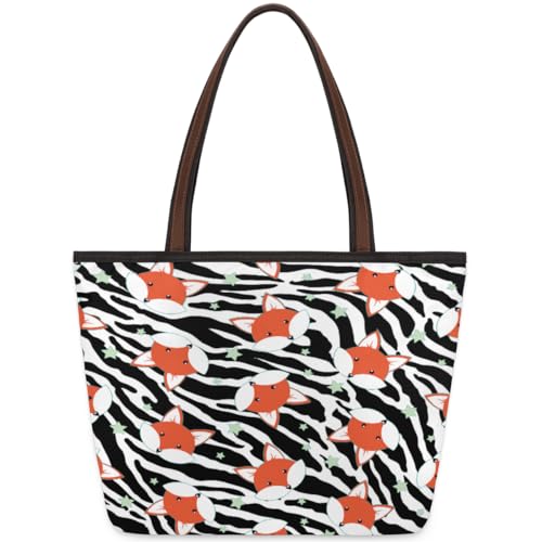 Funny Fox Zebra Tote Bag for Girls Ladies Women, Funny Fox Zebra Large Handbag 10.4L Big Capacity Zipper Shoulder Bag for School Travel Work, farbig, Medium von WowPrint