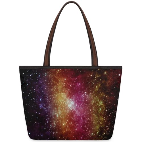 Galaxy And Stars Planet Tote Bag for Ladies Women Girls Galaxy And Stars Planet Large Handbag 10.4L Big Capacity Zipper Shoulder Bag for School Travel Work, farbig, Large von WowPrint