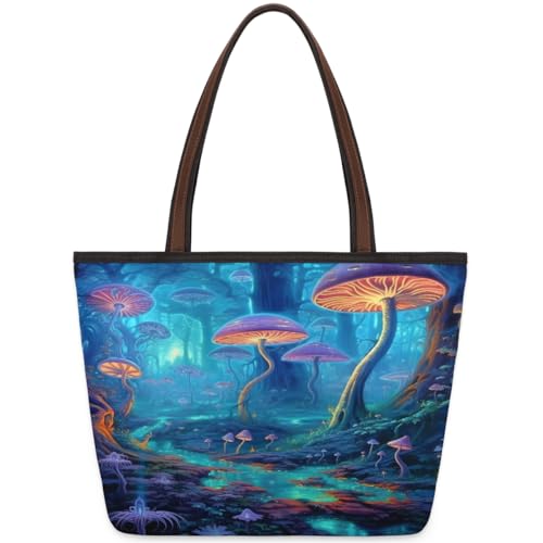 Galaxy Forest Mushroom Tote Bag for Ladies Women Girls Large Handbag 10.4L Big Capacity Zipper Shoulder Bag for School Travel Work, farbig, Medium von WowPrint