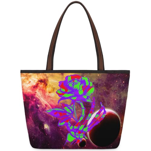 Galaxy Skull Rose Tote Bag for Girls Ladies Women, Galaxy Skull Rose Large Handbag 10.4L Big Capacity Zipper Shoulder Bag for School Travel Work, farbig, Medium von WowPrint