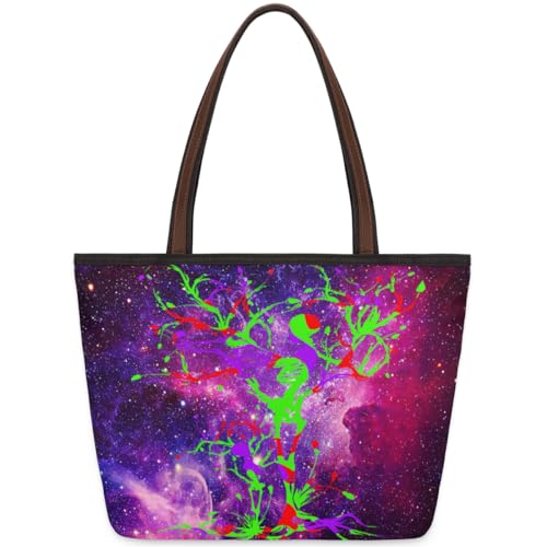 Galaxy Skull Tree Tote Bag for Girls Ladies Women, Galaxy Skull Tree Large Handbag 10.4L Big Capacity Zipper Shoulder Bag for School Travel Work, farbig, Medium von WowPrint