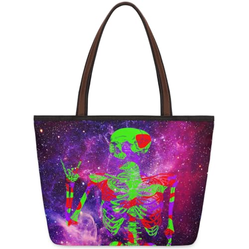 Goth Skull Galaxy Tote Bag for Girls Ladies Women, Goth Skull Galaxy Large Handbag 10.4L Big Capacity Zipper Shoulder Bag for School Travel Work, farbig, Large von WowPrint