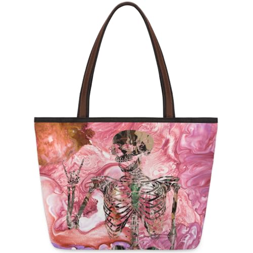 Goth Skull Marbl Tote Bag for Girls Ladies Women, Goth Skull Marbl Large Handbag 10.4L Big Capacity Zipper Shoulder Bag for School Travel Work, farbig, Medium von WowPrint