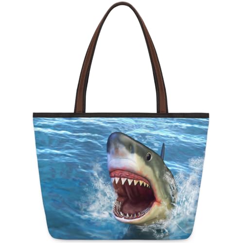 Great White Shark Tote Bag for Ladies Women Girls Great White Shark Large Handbag 10.4 L Big Capacity Zipper Shoulder Bag for School Travel Work, farbig, Medium von WowPrint