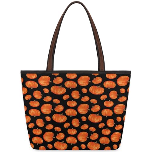 Halloween-Kürbis-Tragetasche für Damen, Mädchen, Halloween-Kürbis, große Handtasche, 10,4 l, große Kapazität, Reißverschluss, Schultertasche für Schule, Reisen, Arbeit, farbig, Medium von WowPrint