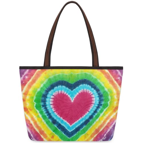 Heart Tie Dye Tote Bag for Ladies Women Girls Heart Tie Dye Large Handbag 10.4L Big Capacity Zipper Shoulder Bag for School Travel Work, farbig, Large von WowPrint