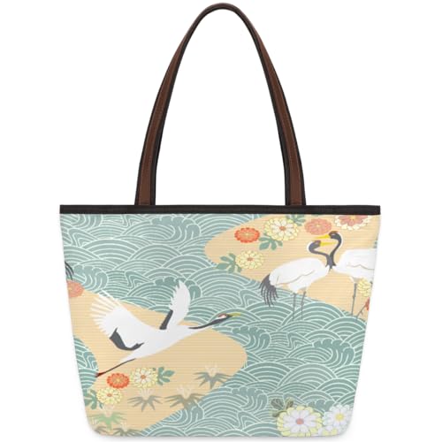 Japan Flower Crane Tote Bag for Ladies Women Girls Japan Flower Crane Large Handbag 10.4 L Big Capacity Zipper Shoulder Bag for School Travel Work, farbig, Large von WowPrint