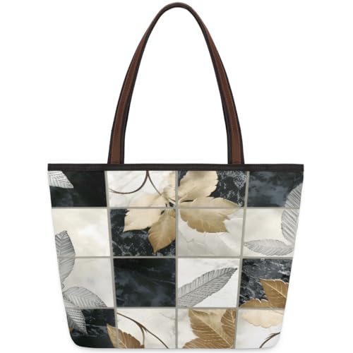 Leaves Art Marble Tote Bag for Ladies Women Girls Large Handbag 10.4 L Big Capacity Zipper Shoulder Bag for School Travel Work, farbig, Large von WowPrint