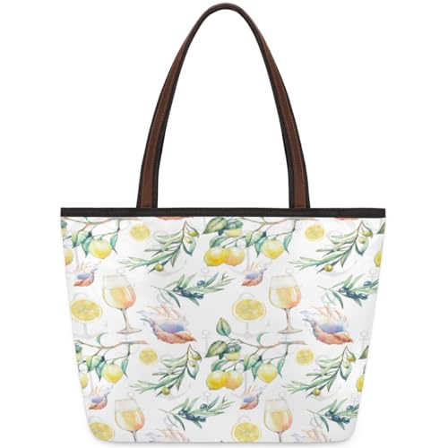 Lemon Branch Anchors Sea Shell Tote Bag for Ladies Women Girls Lemon Branch Anchors Sea Shell Large Handbag 10.4 L Big Capacity Zipper Shoulder Bag for School Travel Work, farbig, Large von WowPrint