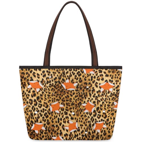 Leopard Animal Fox Tote Bag for Girls Ladies Women, Leopard Animal Fox Large Handbag 10.4L Big Capacity Zipper Shoulder Bag for School Travel Work, farbig, Large von WowPrint